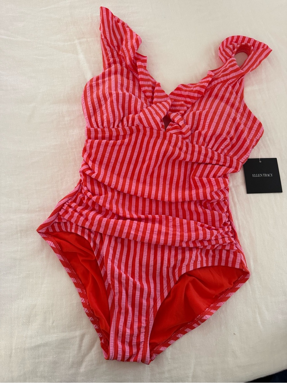 Ellen Tracy Coral and Pink Striped One-Piece Swimsuit